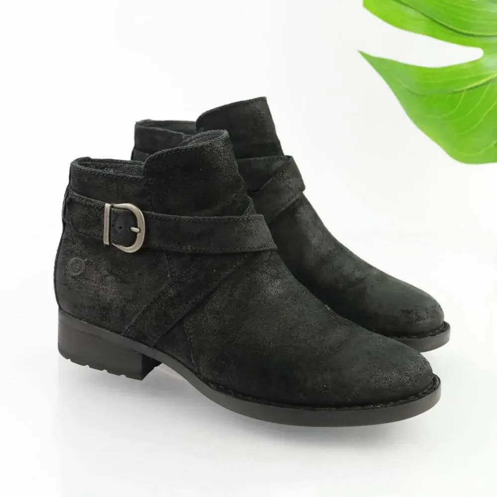 Born Womens Jorgette Boots Size 7.5 Black Suede Distressed Bootie Buckle Lo Heel